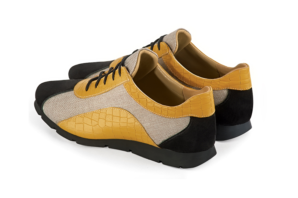 Matt black, natural beige and mustard yellow women's three-tone elegant sneakers. Round toe. Flat rubber soles. Rear view - Florence KOOIJMAN